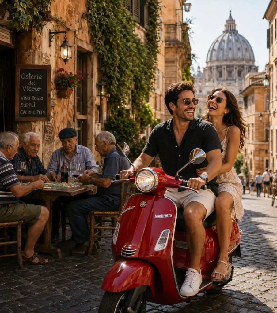 Couple riding a red scooter through a traditional Italian street