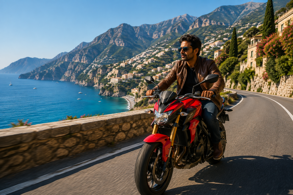 Motorcyclist riding along a coastal road in Sardinia