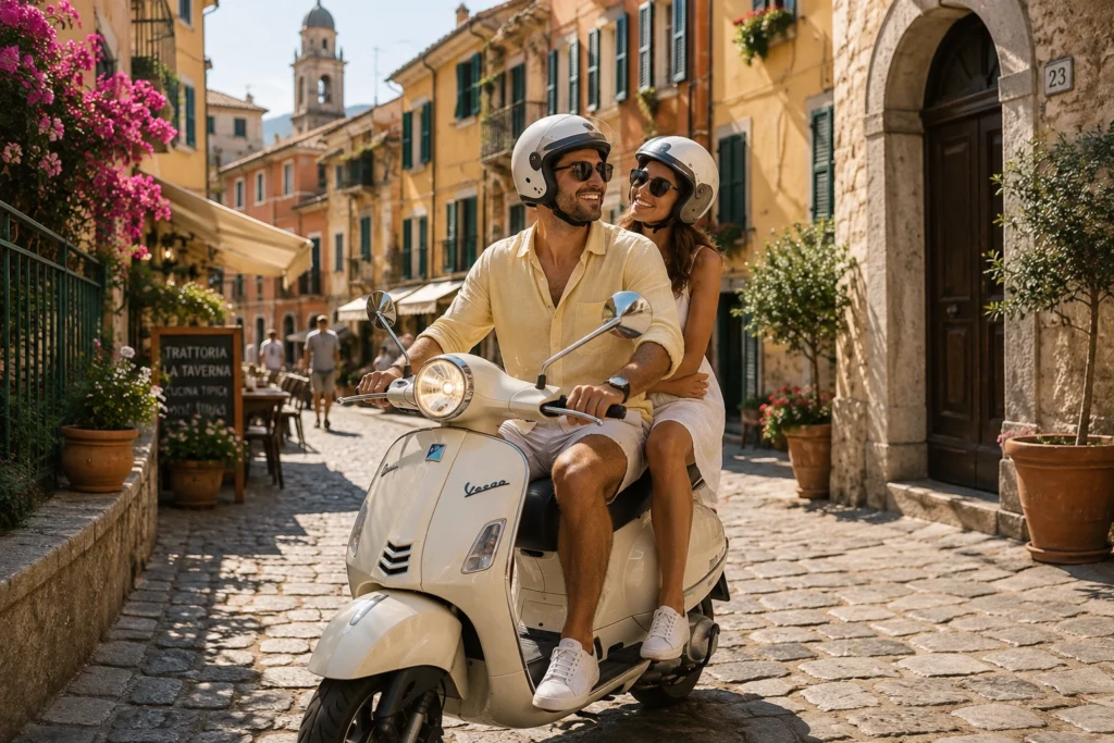Couple riding a scooter through a traditional street in Sicily