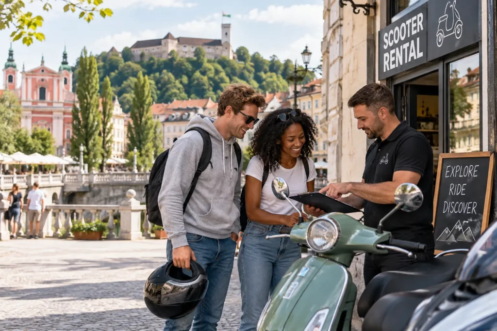 Young couple hiring a scooter in Ljubljana, Slovenia