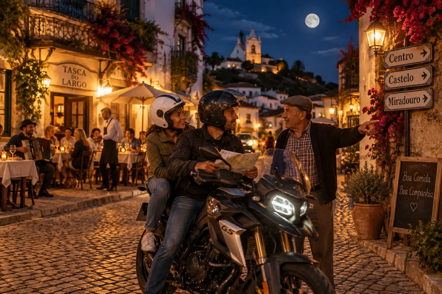 Couple on a motorcycle asking a local for directions in a Portuguese village at night
