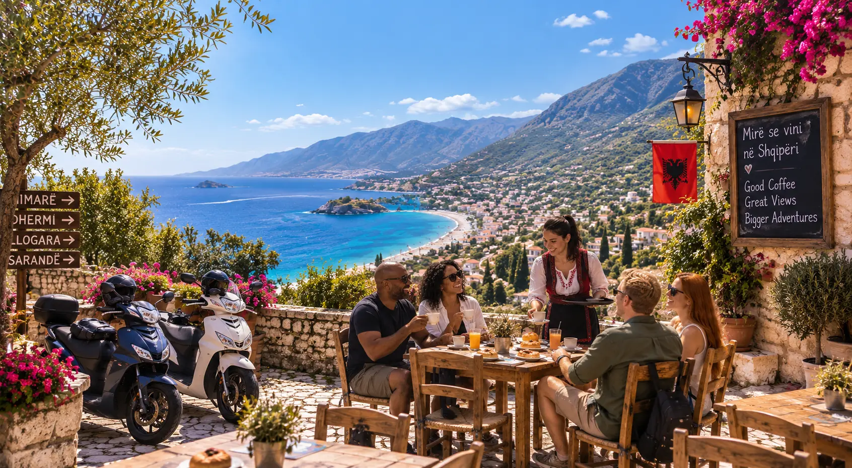 Couples enjoying coffee beside their scooters overlooking the Albanian Riviera