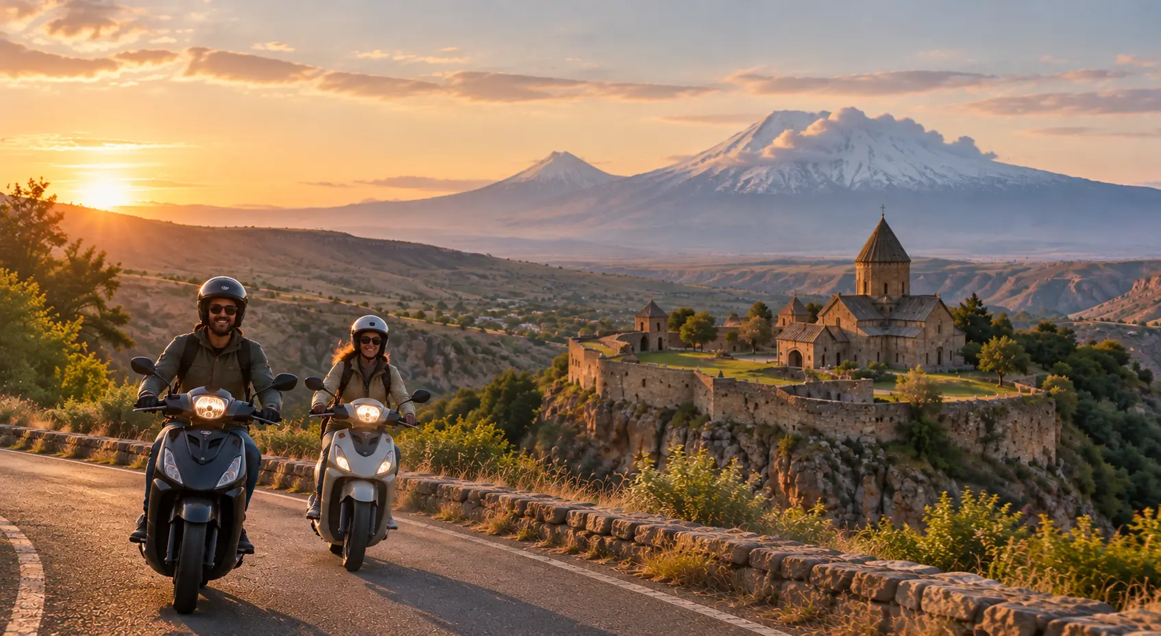 Two travellers riding scooters through Armenia with Mount Ararat and a historic monastery in the background