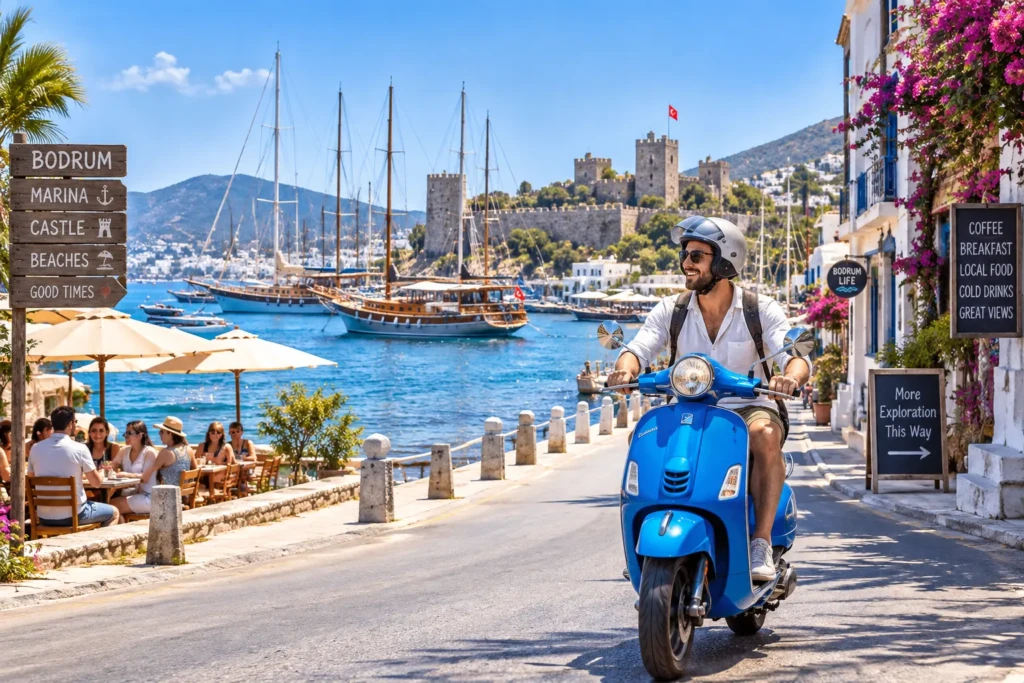 Man riding a blue scooter along the waterfront in Bodrum, Turkey