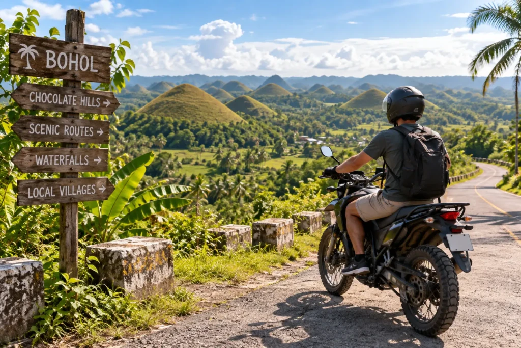 Young man riding through the chocolate hills of Bohol in the Philippines