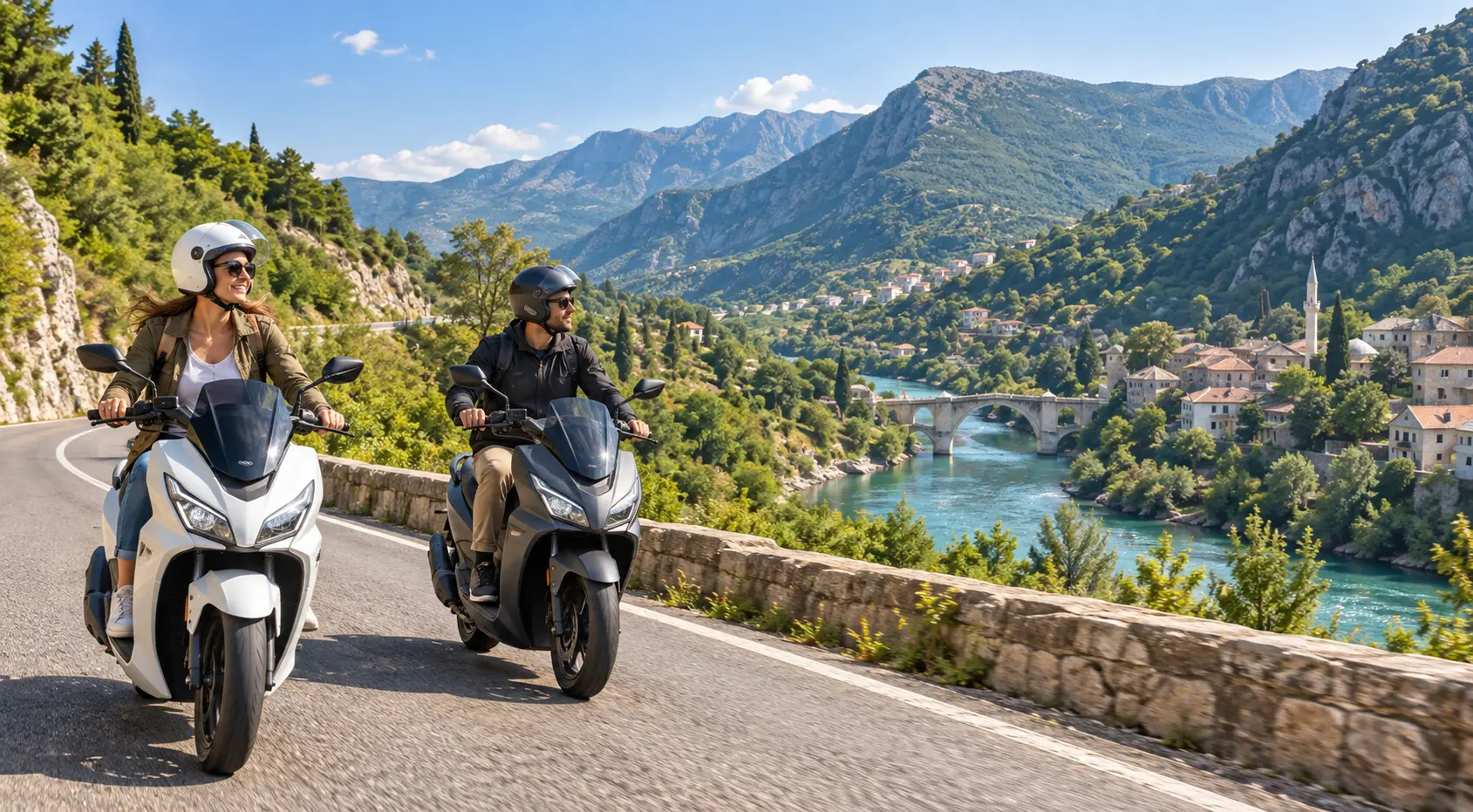 Couple riding modern scooters along a scenic mountain road in Bosnia