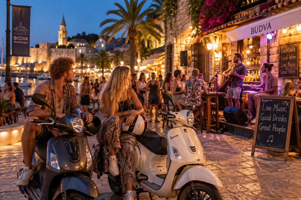 Couple watching live music beside their scooters in Budva, Montenegro
