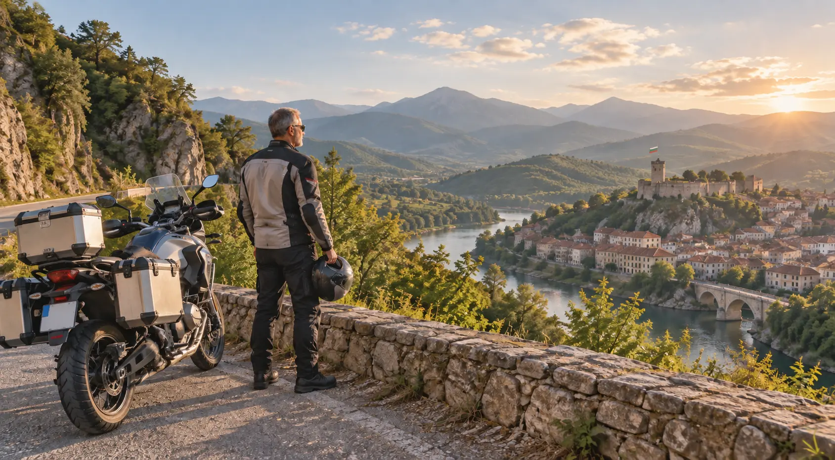 Motorcyclist overlooking a mountain valley and historic town in Bulgaria