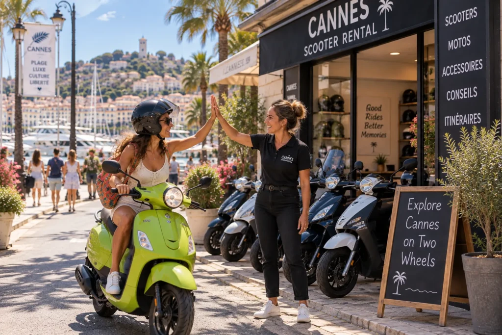 Woman collecting a lime green scooter from a rental shop in Cannes, France