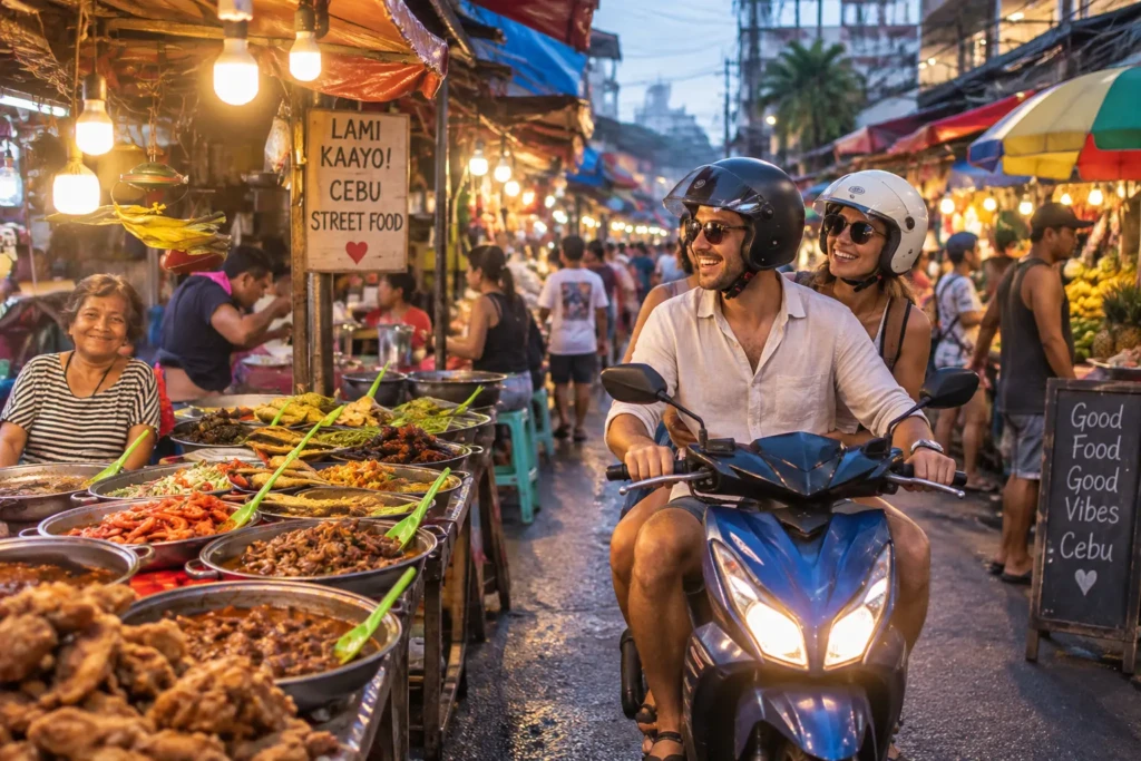 Couple riding a scooter through a street food market in Cebu City