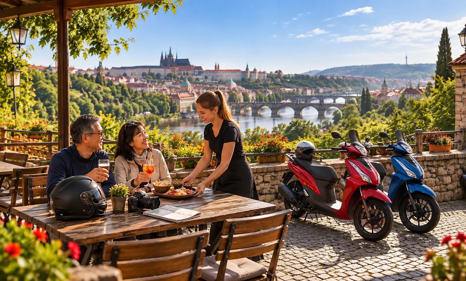 Couple enjoying drinks at a Prague viewpoint with two rental scooters overlooking the city