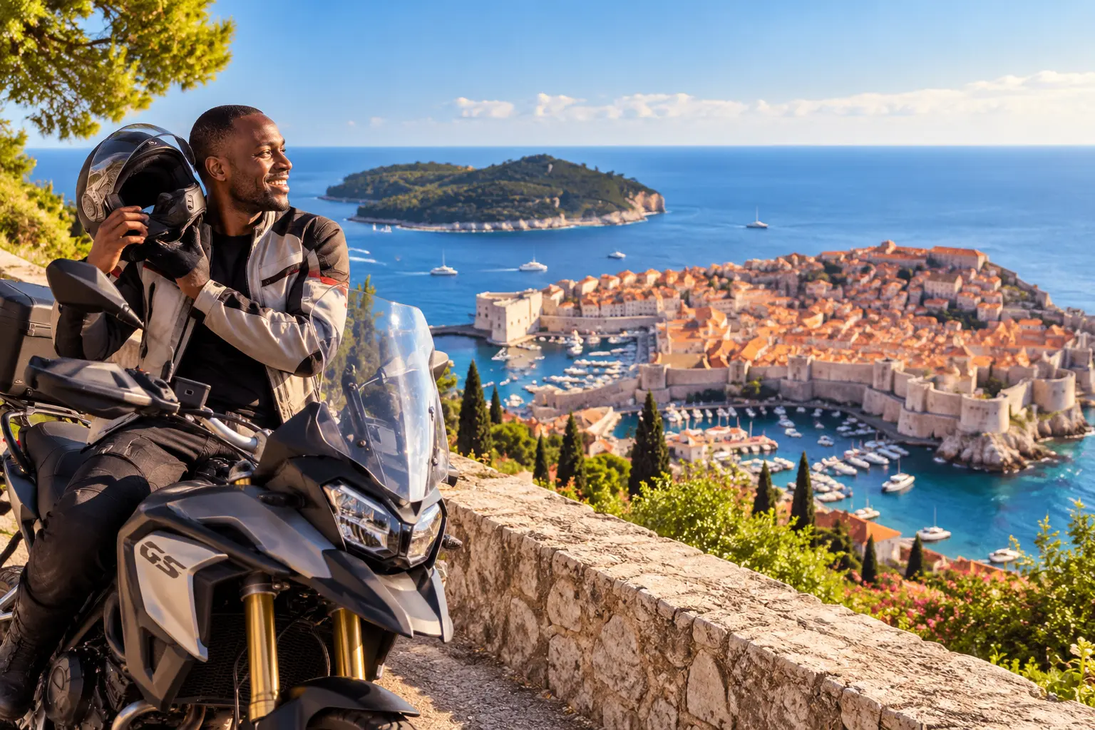 Motorcyclist overlooking Dubrovnik Old Town and the Croatian coast