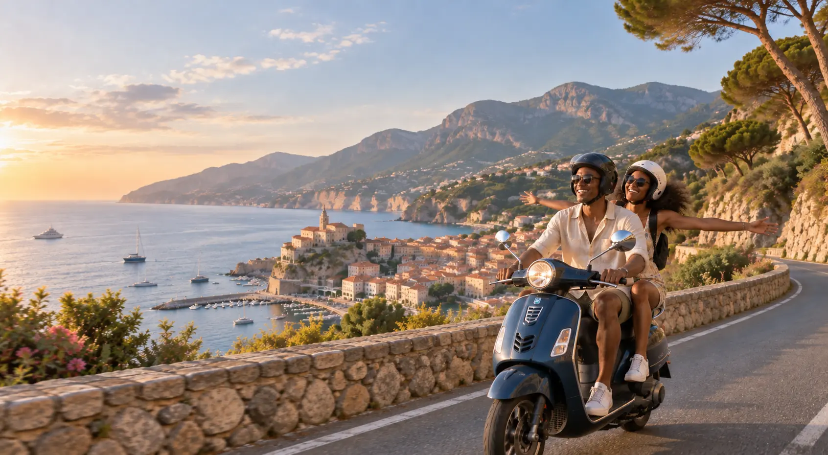 Couple riding a scooter along a scenic coastal road in France