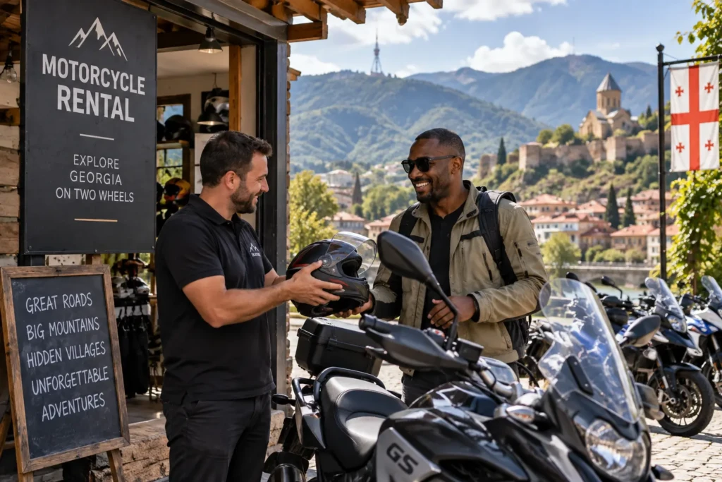 Man hiring a motorcycle in Georgia with mountains and historic buildings in the background