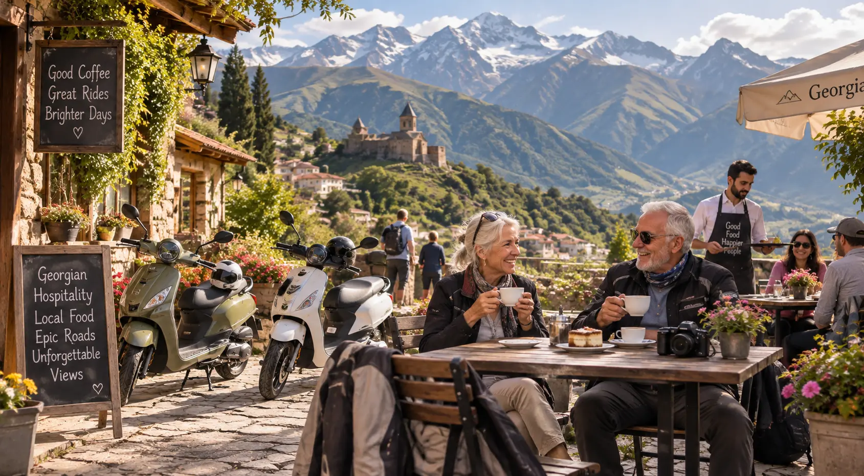 Older couple enjoying coffee beside their scooters overlooking the Caucasus Mountains in Georgia