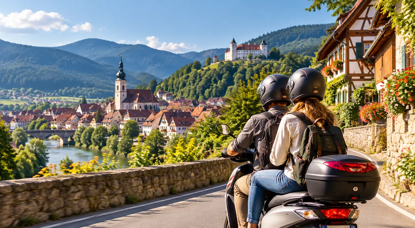 Two travellers wearing helmets and carrying daypacks ride a scooter through a picturesque German village, overlooking traditional Bavarian architecture, a river and forested hills.