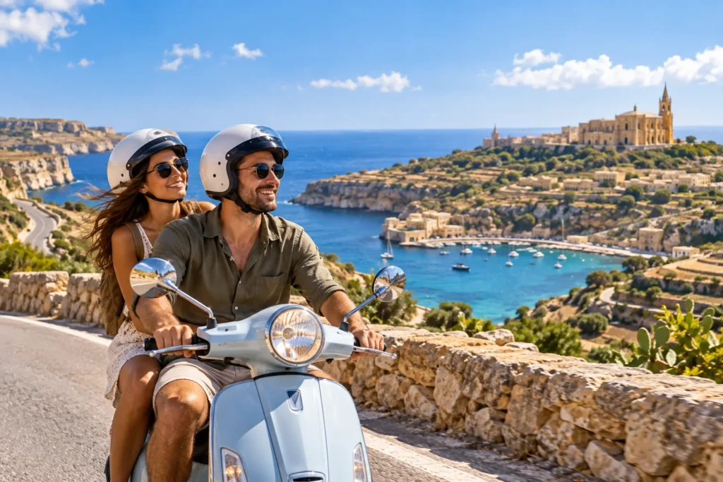 Couple exploring Gozo by scooter on a scenic coastal road
