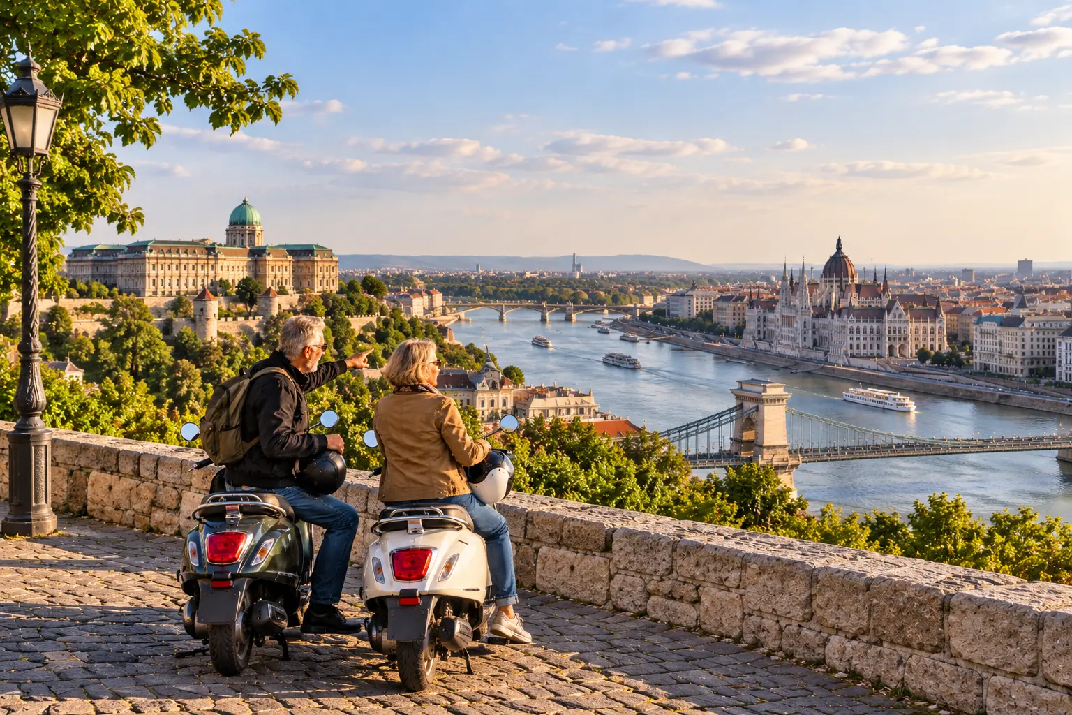Older couple on scooters overlooking the Danube and Budapest from the Buda side