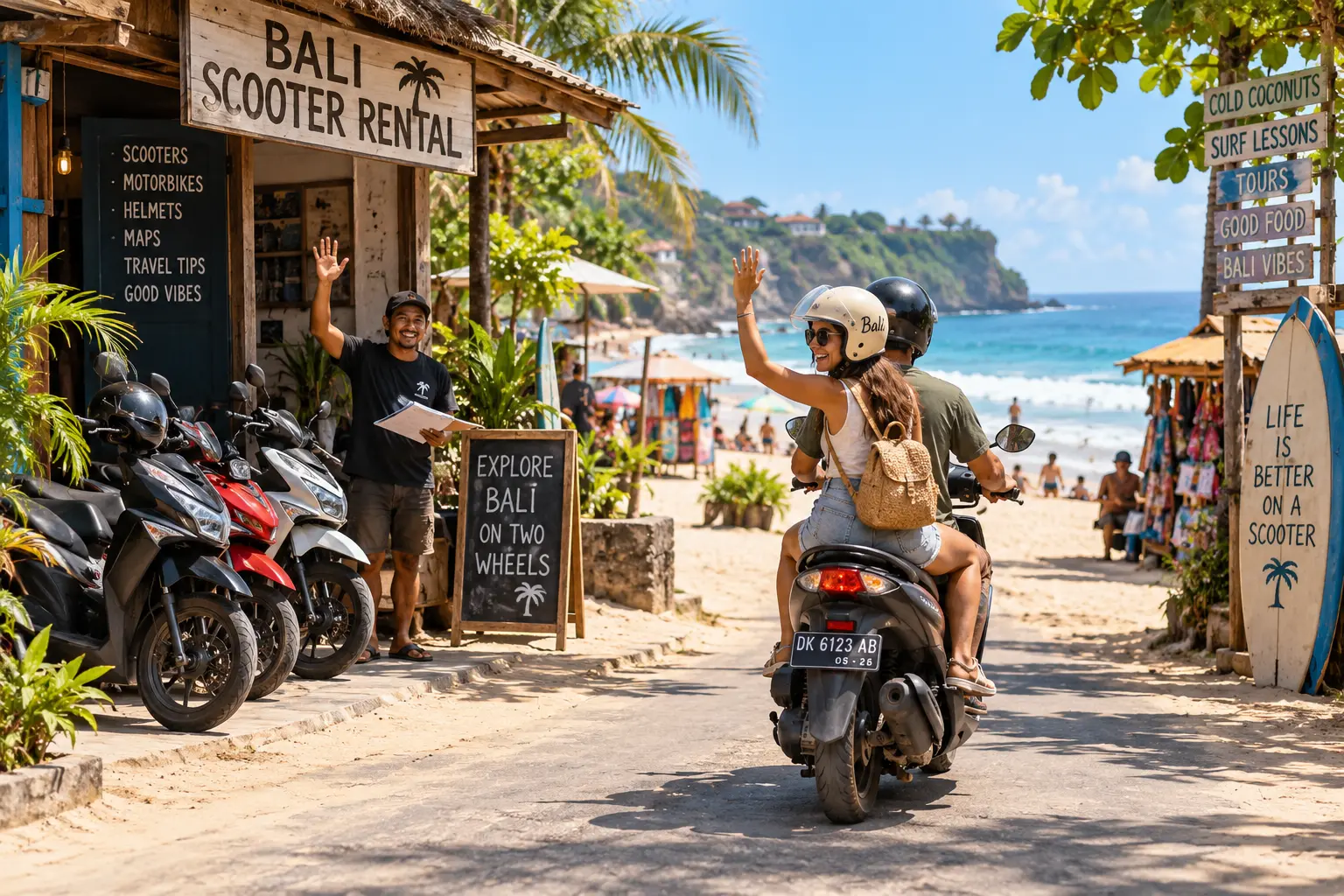 Couple leaving a Bali scooter rental shop near the beach