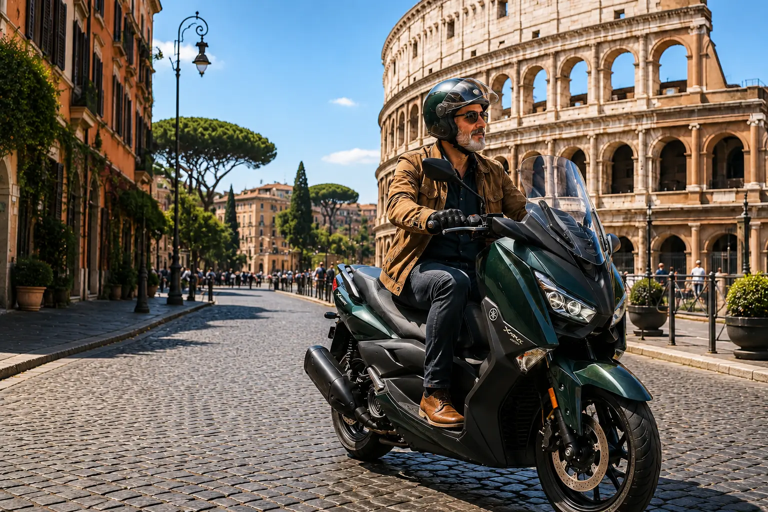 Rider on a maxi scooter near the Colosseum in Rome