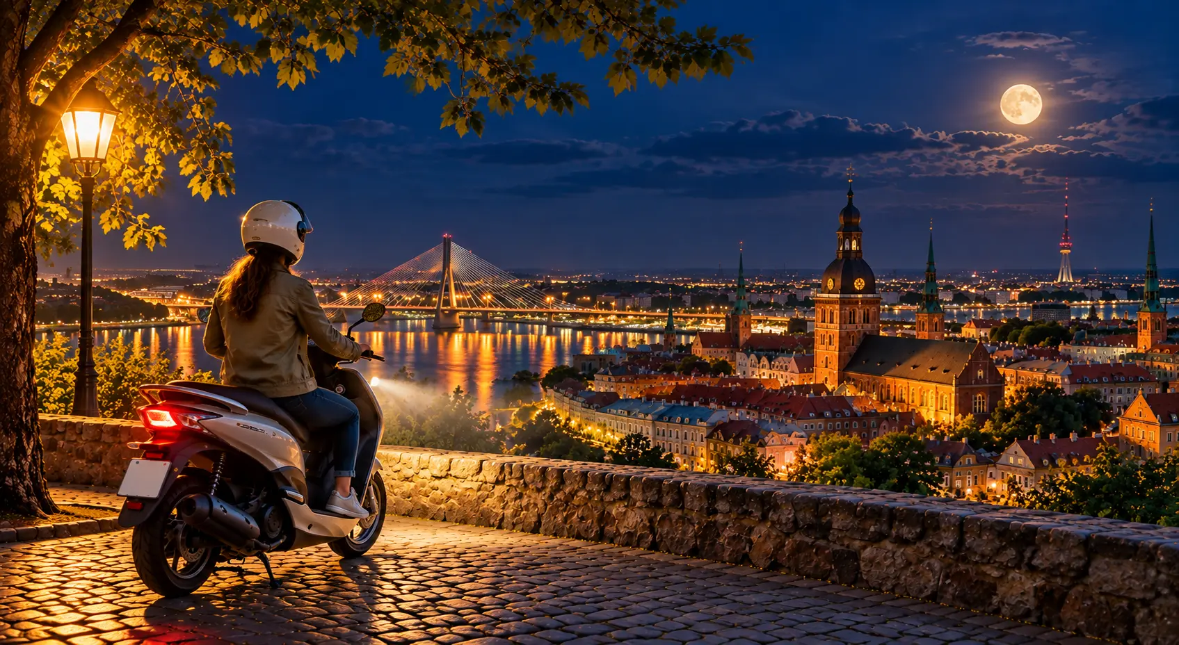 Scooter rider overlooking illuminated Riga and the Daugava River at night
