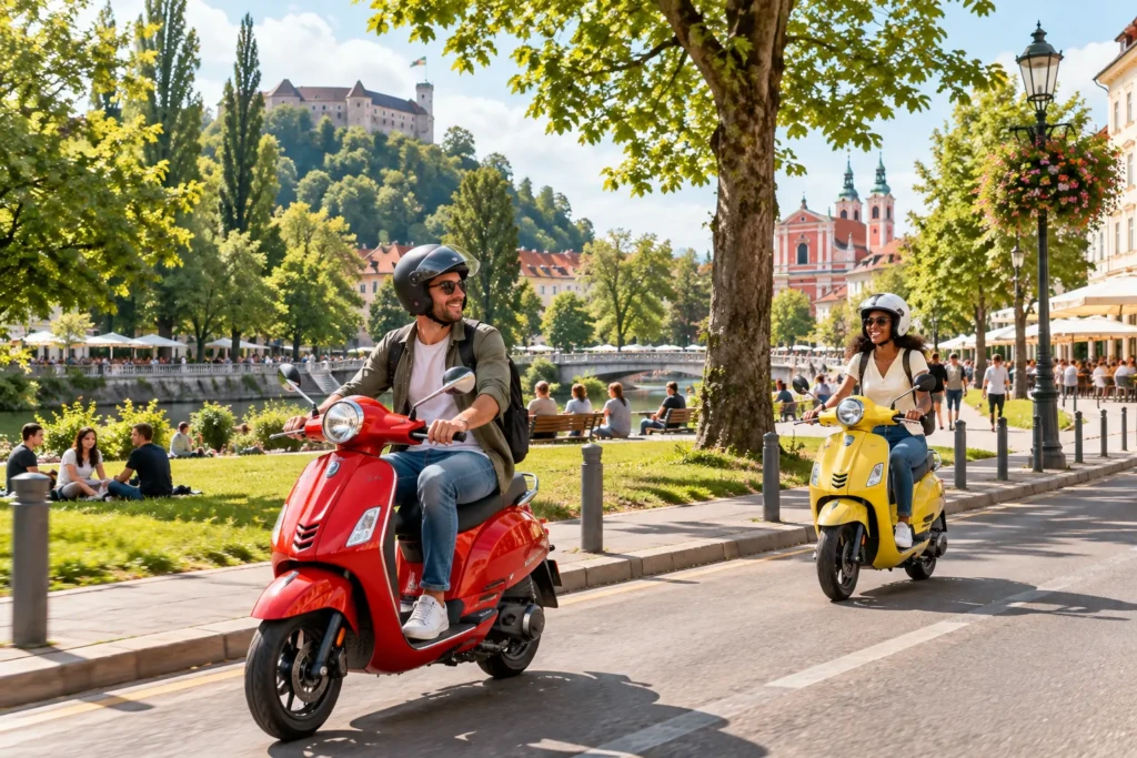 Couple riding colourful scooters through green Ljubljana, Slovenia