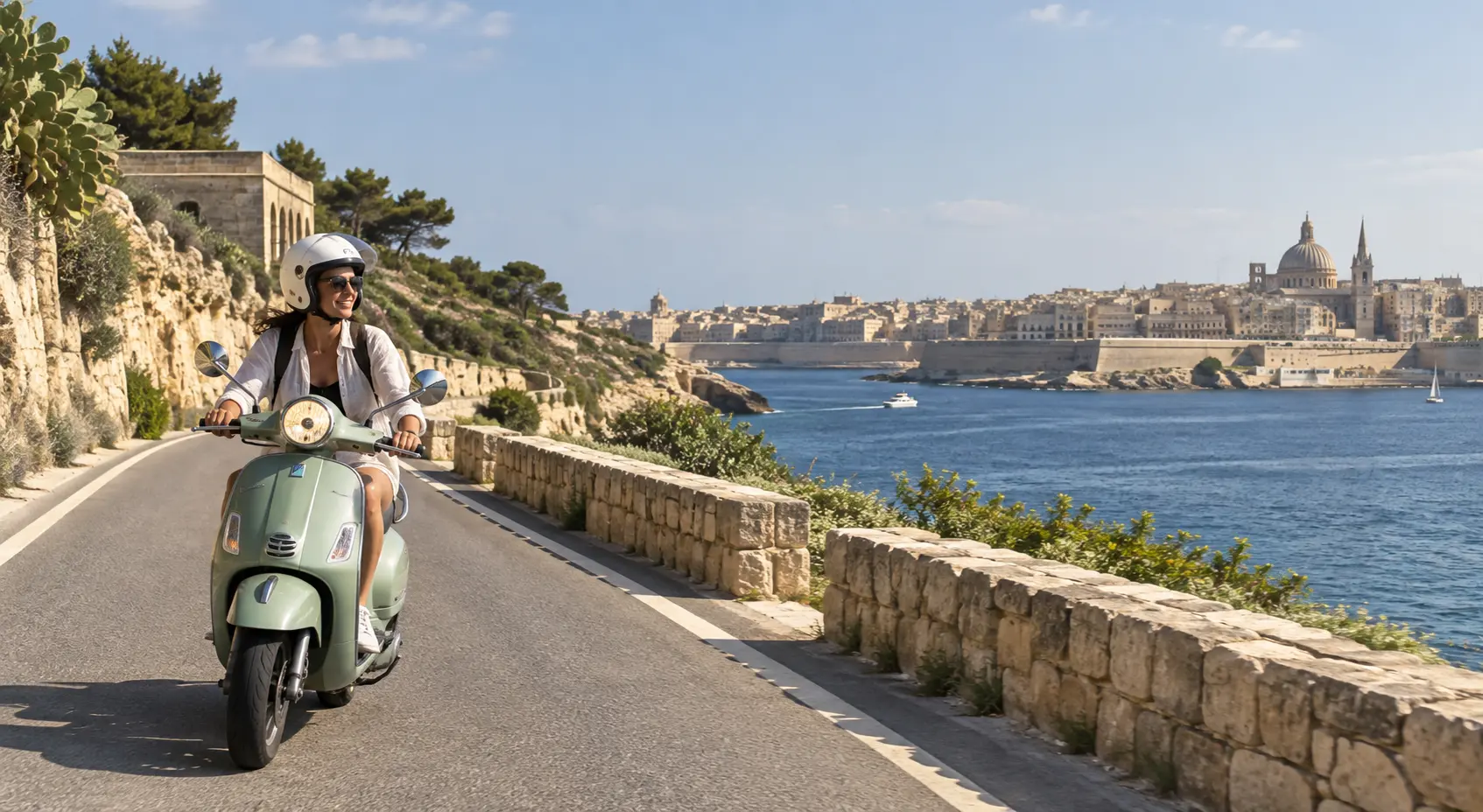Woman riding a scooter along a coastal road in Malta