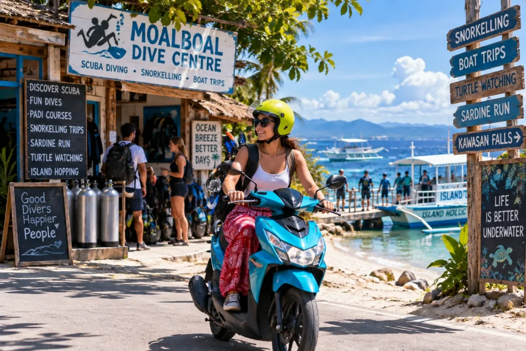 Woman riding a scooter near a dive centre in Moalboal, Philippines