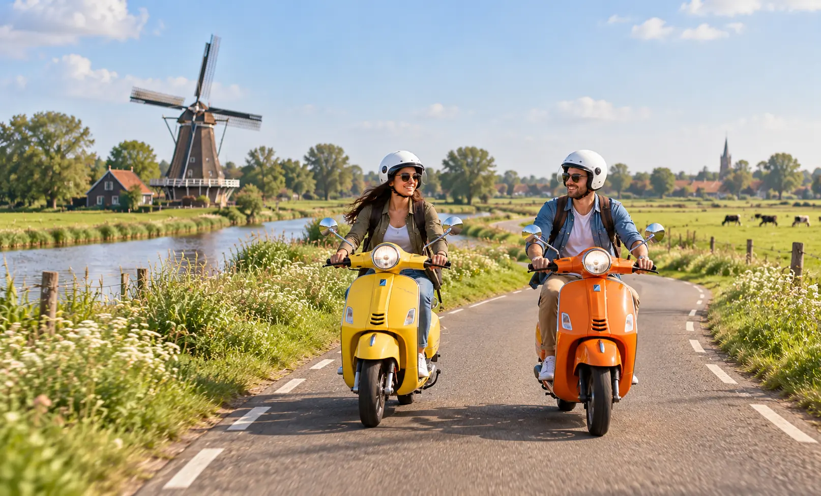 Young couple riding colourful scooters through the Dutch countryside in the Netherlands