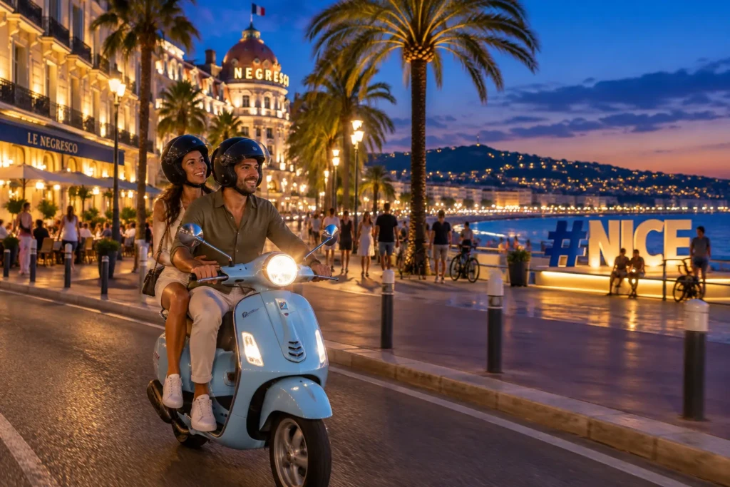 Couple riding a light blue scooter along the seafront in Nice at night