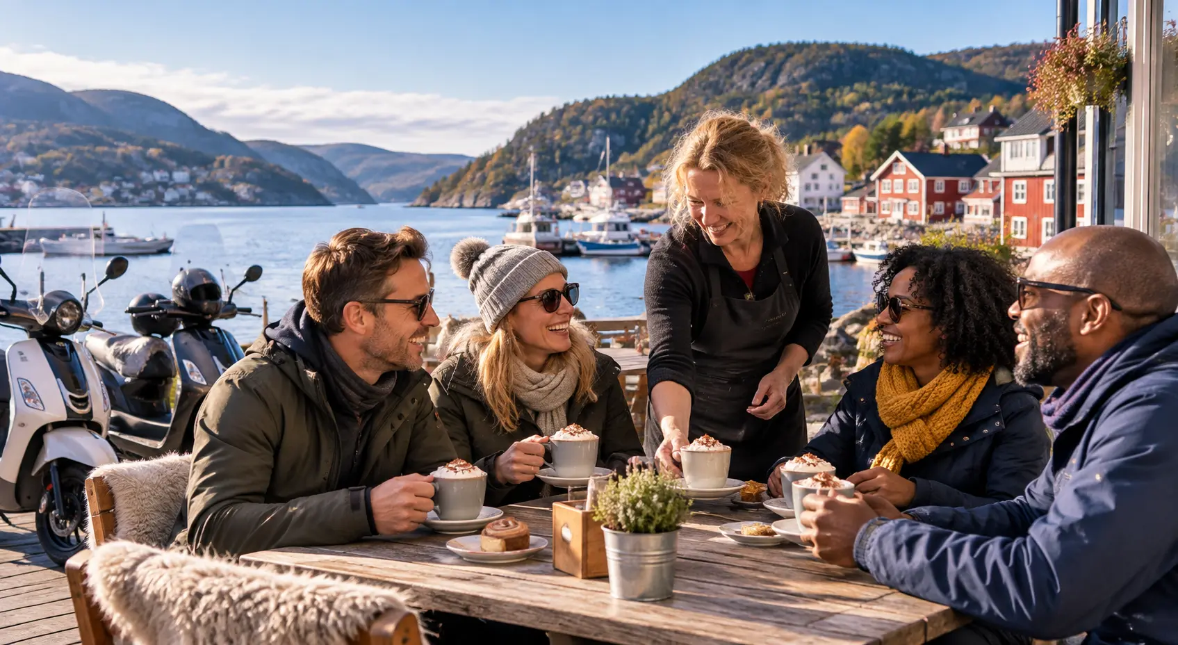 Friends enjoying hot chocolate beside their scooters overlooking a Norwegian fjord