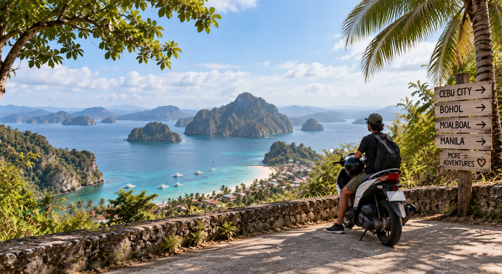 Motorcyclist riding through the Chocolate Hills in Bohol, Philippines