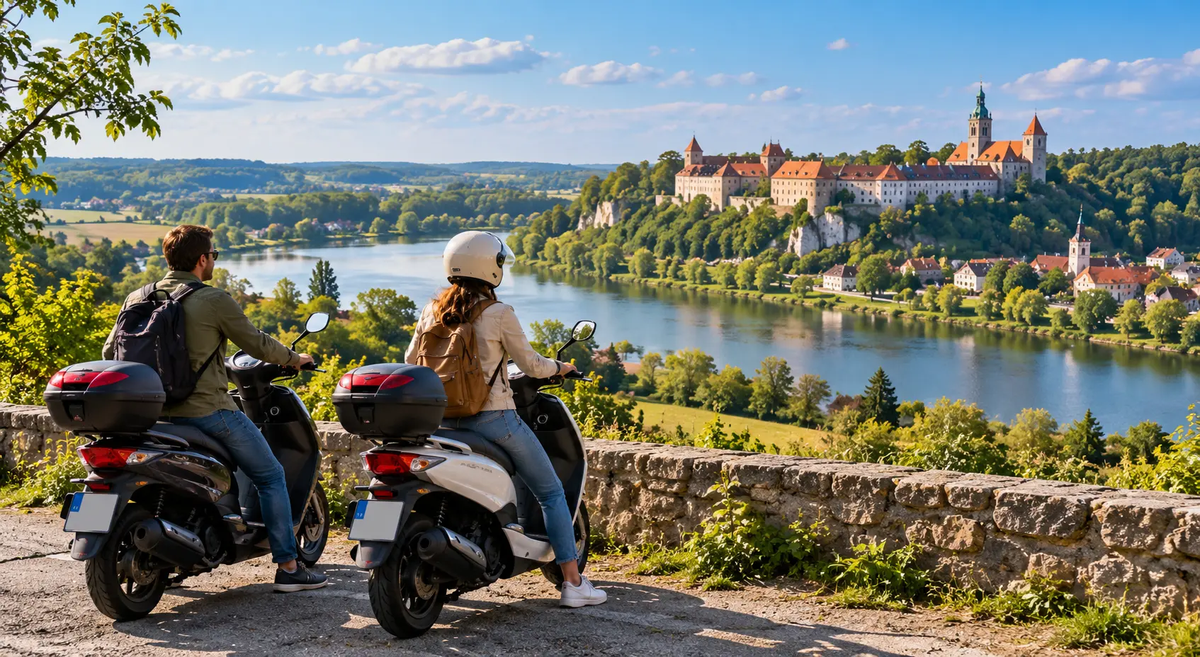 Couple on scooters overlooking a castle and river in the Polish countryside