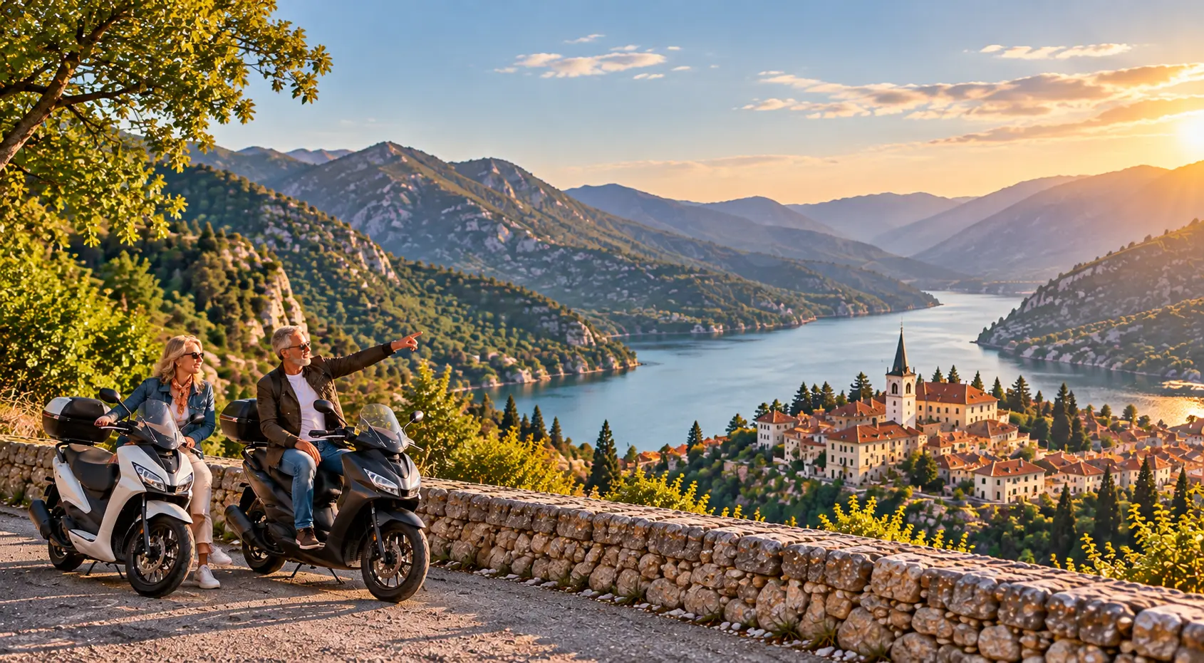 Older couple enjoying a scenic Romanian mountain viewpoint beside their scooters, overlooking a lakeside village