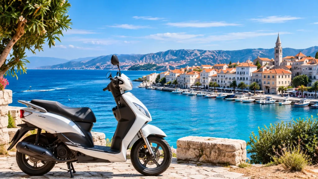 Scooter overlooking a Mediterranean coastal town and harbour