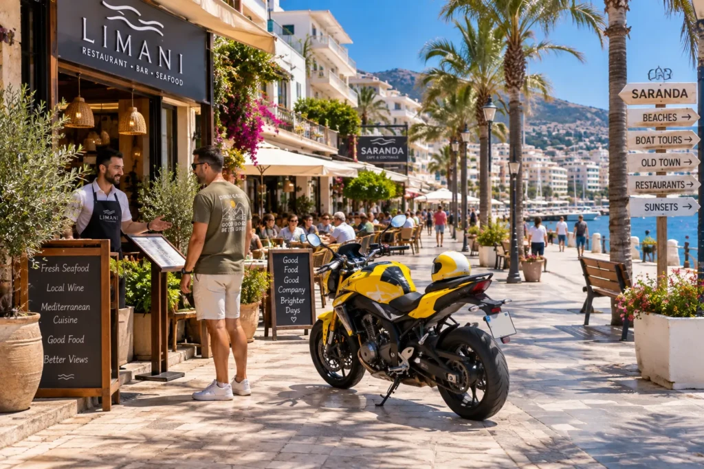 Man with a yellow motorcycle outside a restaurant on the Sarandë waterfront in Albania