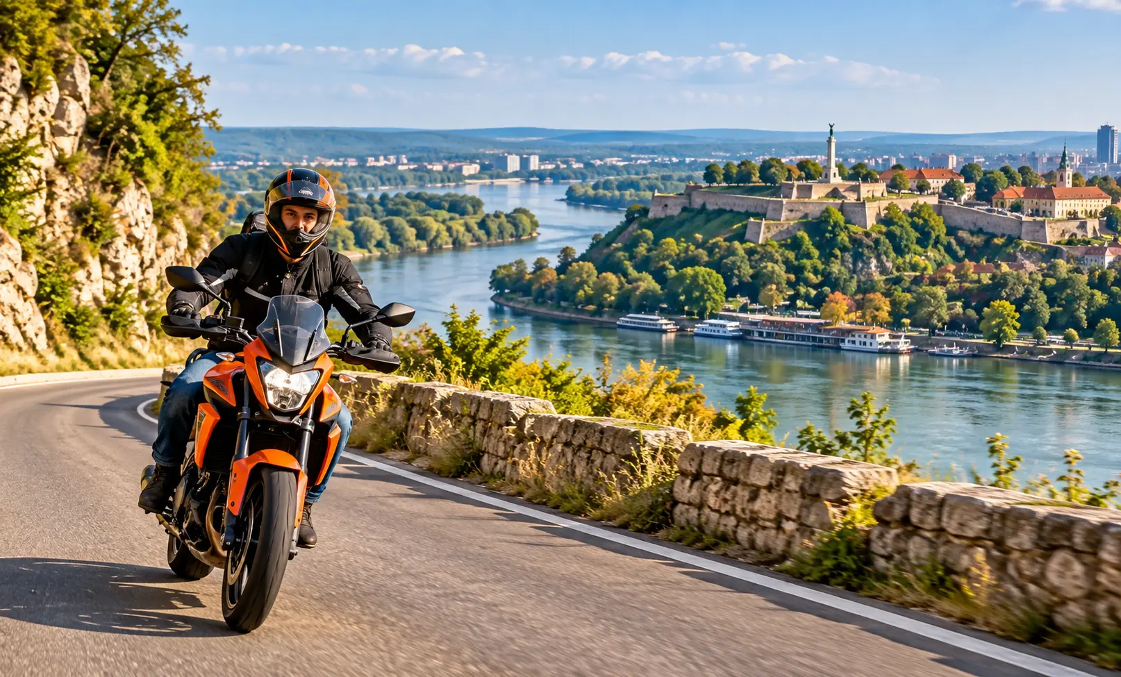 Young motorcyclist riding an orange motorcycle towards the camera on a scenic Serbian road overlooking Belgrade's historic fortress and rivers.