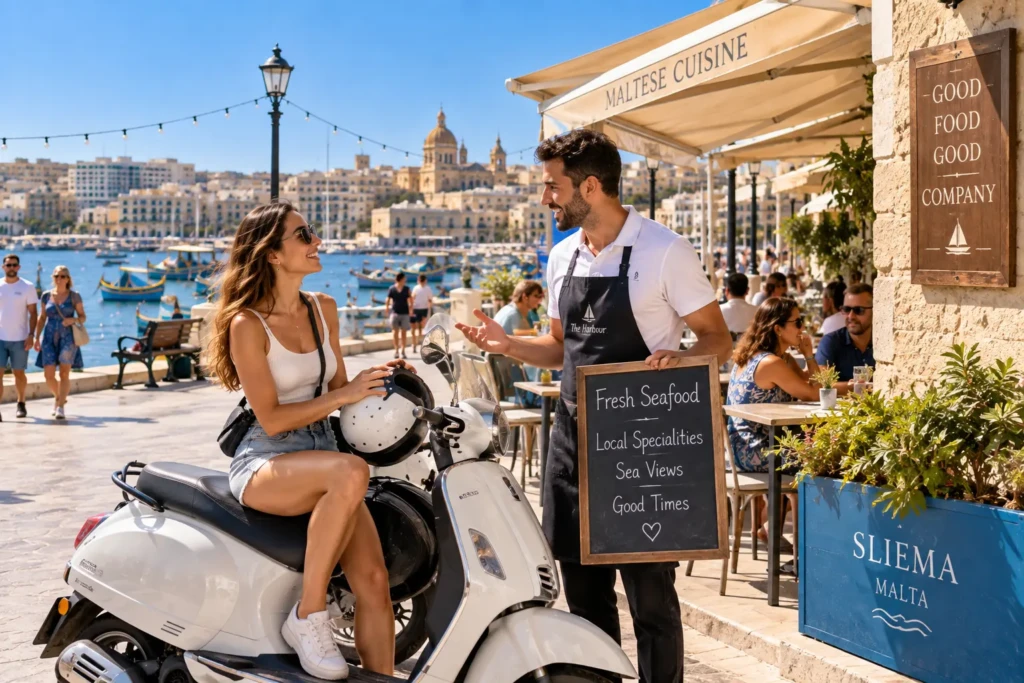 Woman on a scooter chatting with a waiter on the Sliema waterfront in Malta