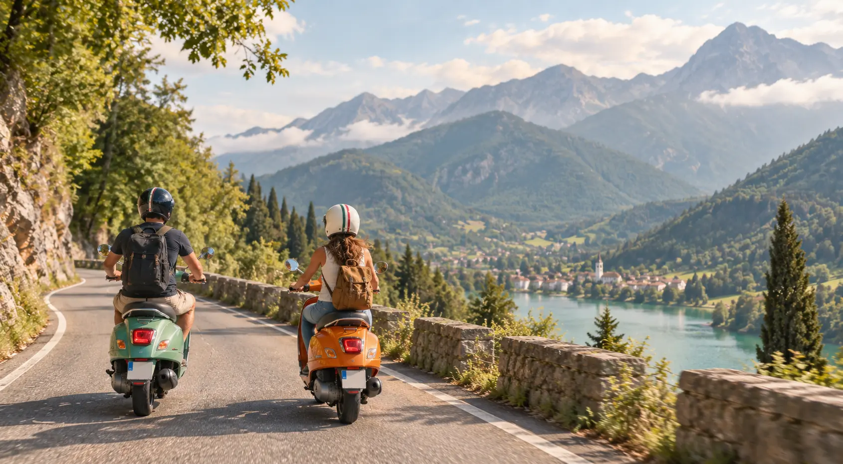 Couple riding scooters through the Slovenian Alps overlooking a mountain lake