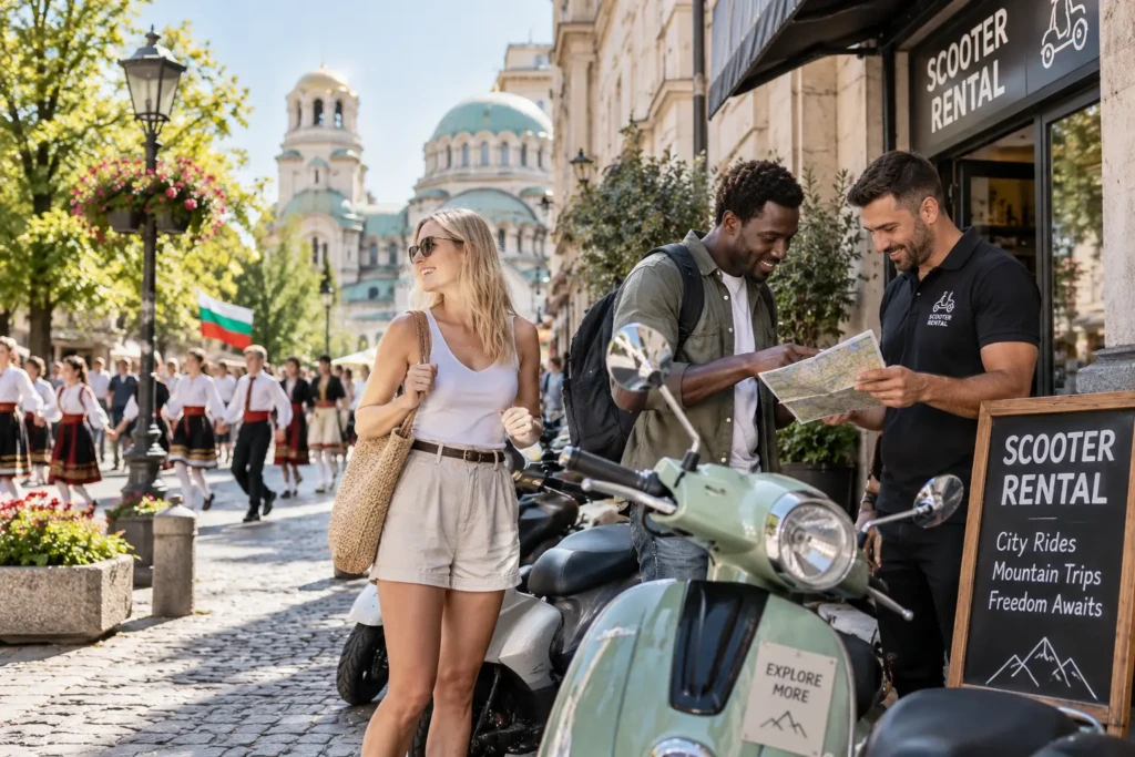 Young couple hiring a scooter in central Sofia, Bulgaria