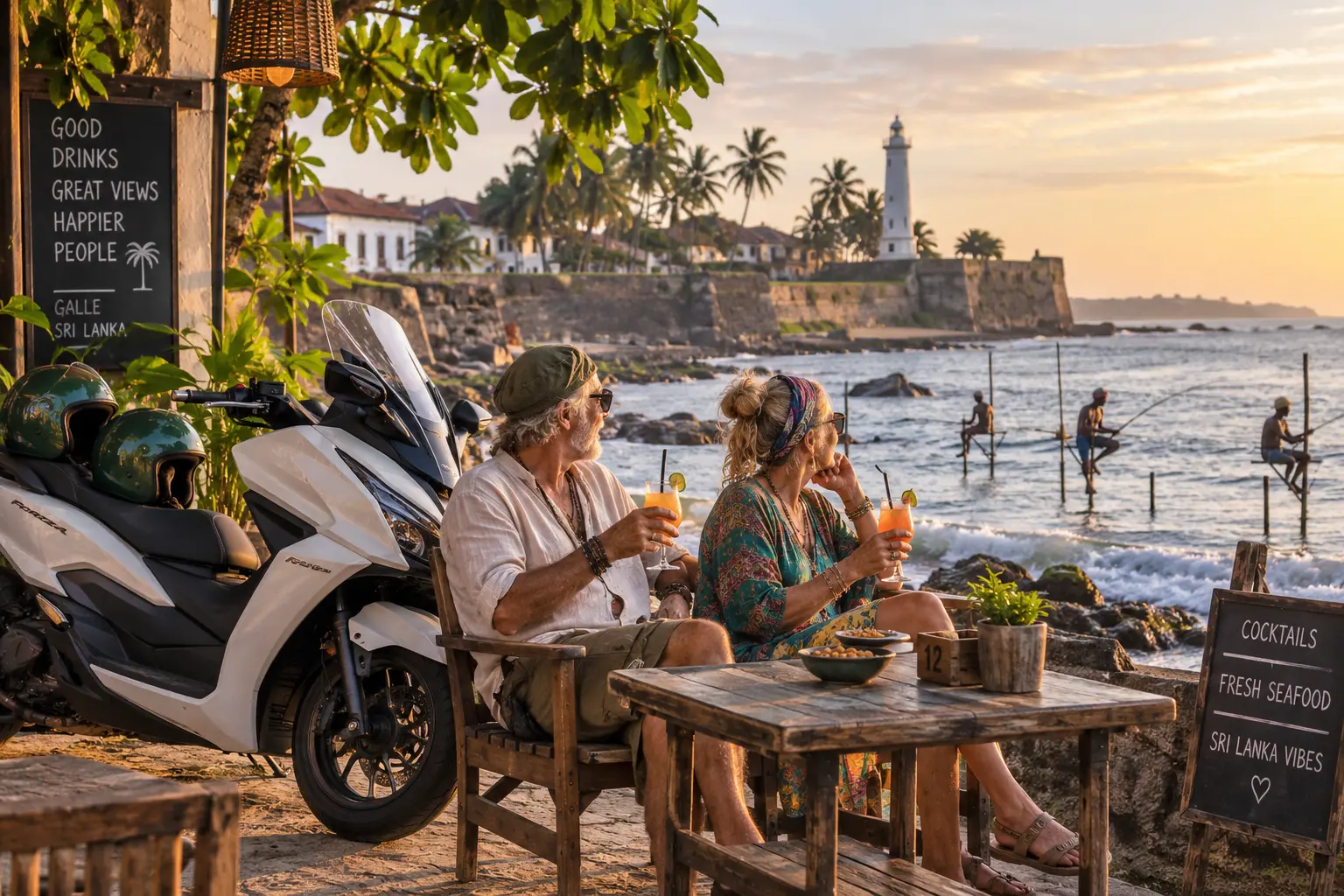 Travellers with a rental scooter overlooking stilt fishermen near Galle, Sri Lanka