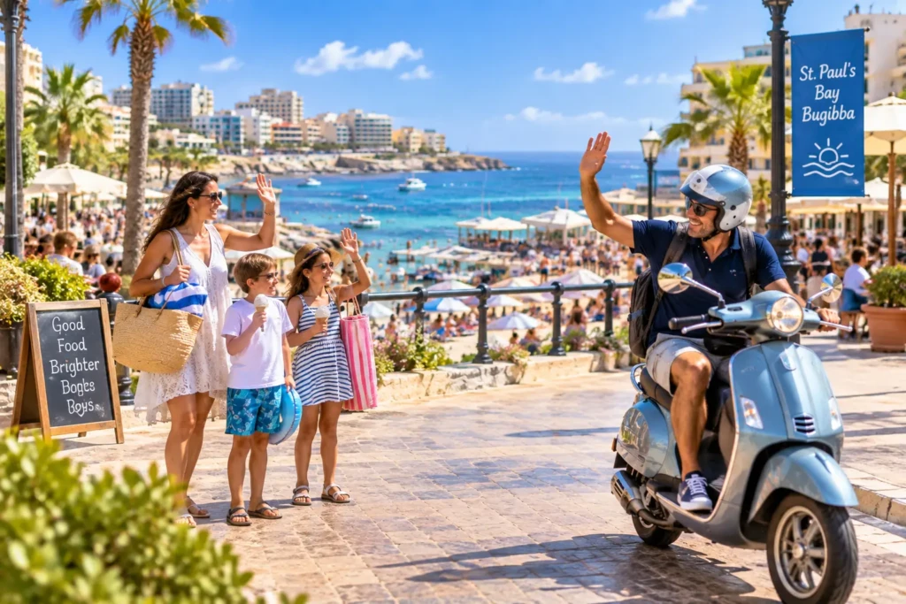 Family waving to a scooter rider on the seafront in St Paul’s Bay, Malta