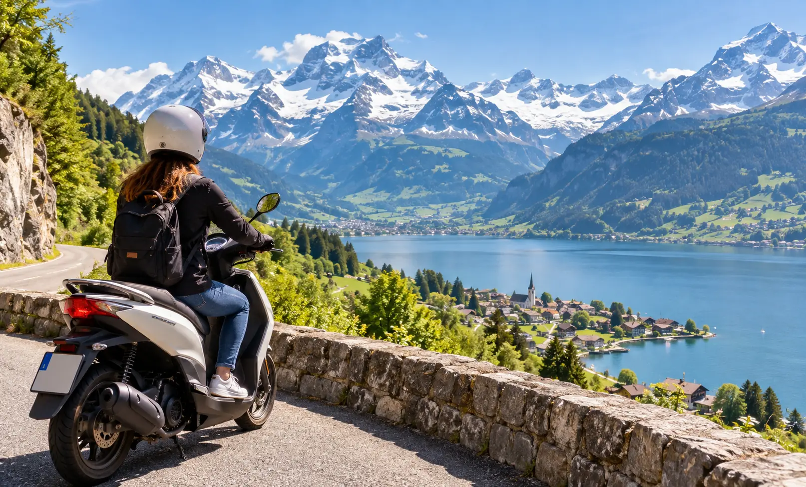 Woman on a scooter admiring spectacular Swiss Alpine mountains overlooking a beautiful lake.