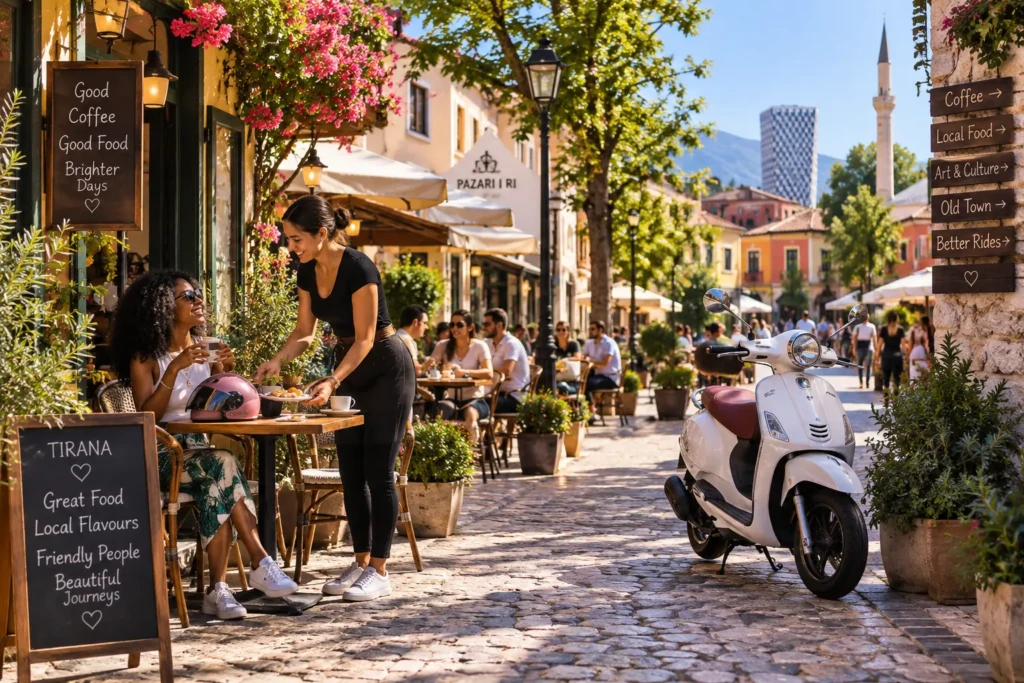 Woman enjoying coffee beside a white scooter at a street café in Tirana, Albania