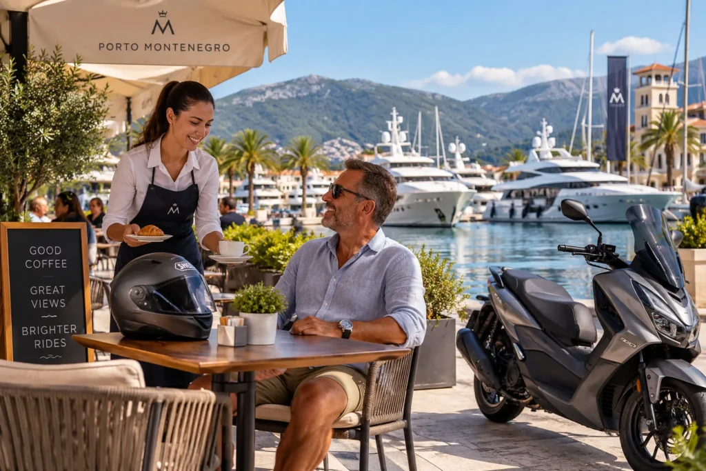 Man enjoying coffee beside his scooter overlooking the marina in Tivat, Montenegro