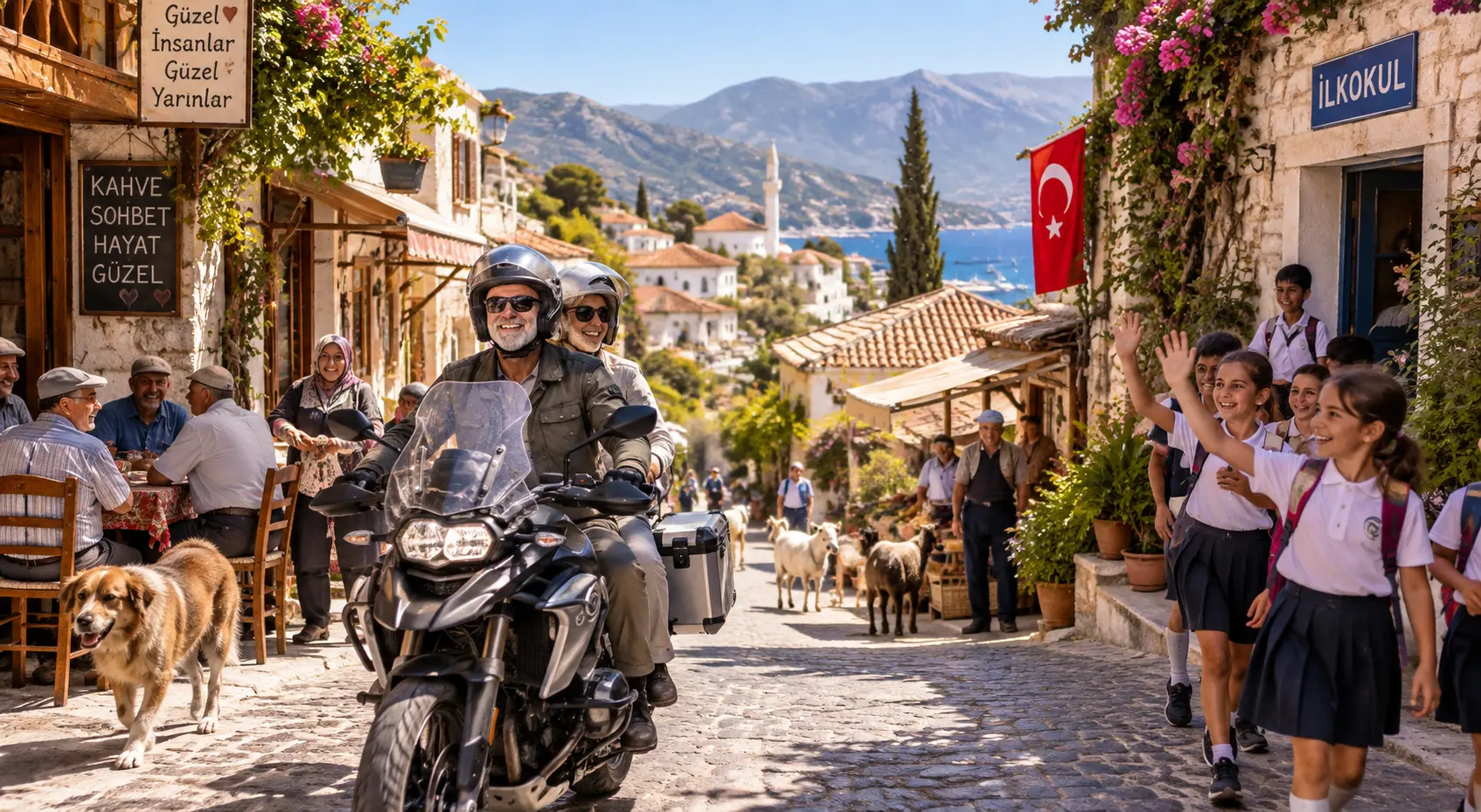 Older couple touring a traditional Turkish village by motorcycle