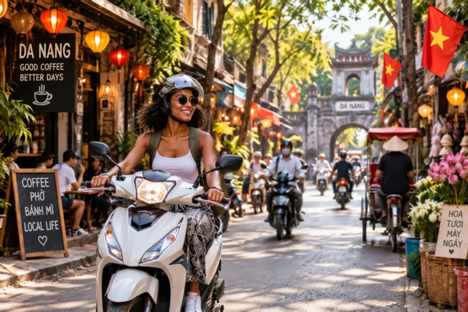 Woman riding a scooter through a lively street in Da Nang, Vietnam