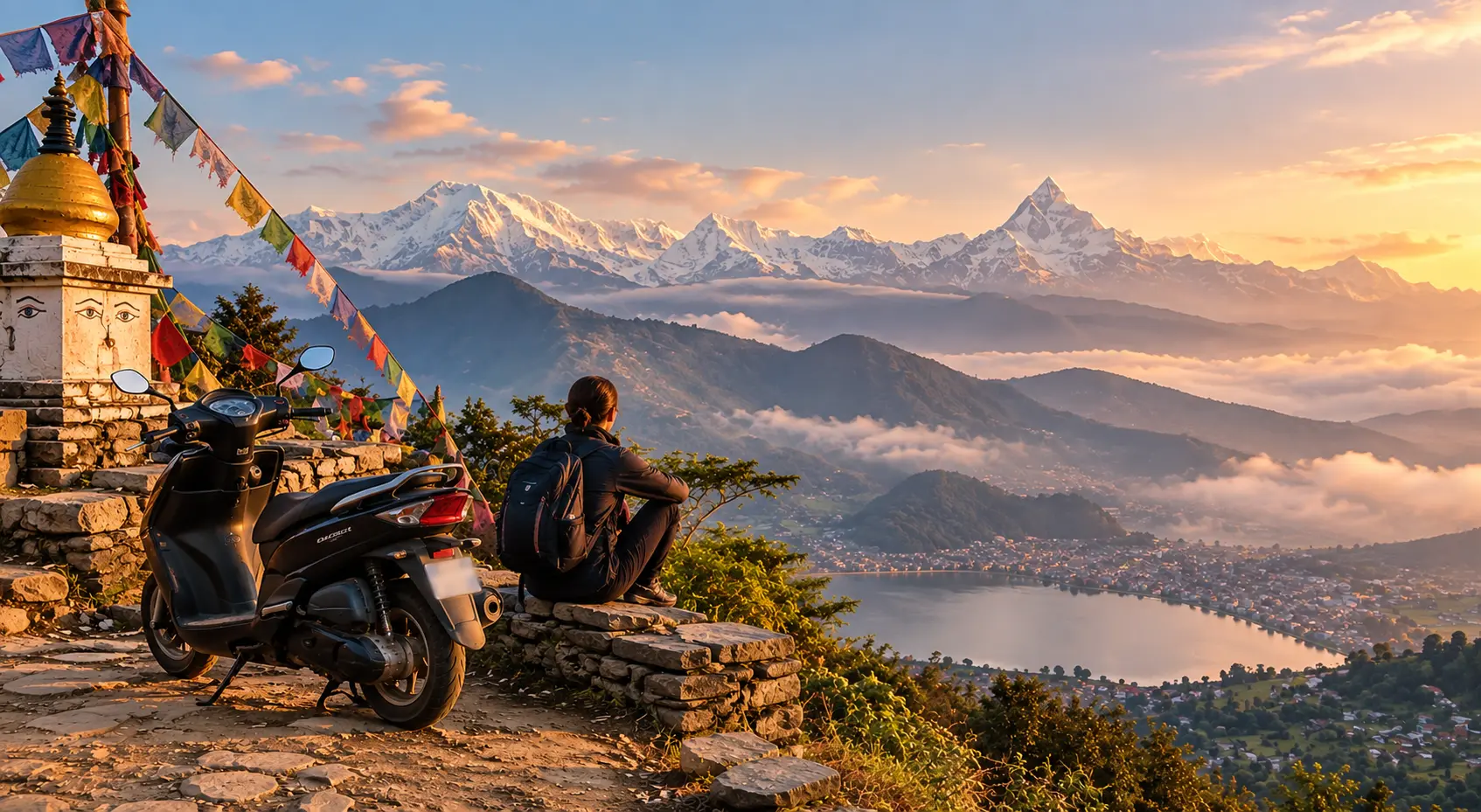 Scooter overlooking the Himalayan mountains and Pokhara Valley in Nepal.
