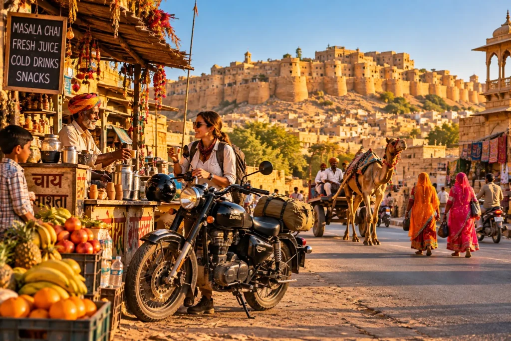 Solo female traveller enjoying chai beside a black Royal Enfield motorcycle in Jaisalmer, Rajasthan, with a camel cart, colourful market stalls and the golden sandstone fort in the background.