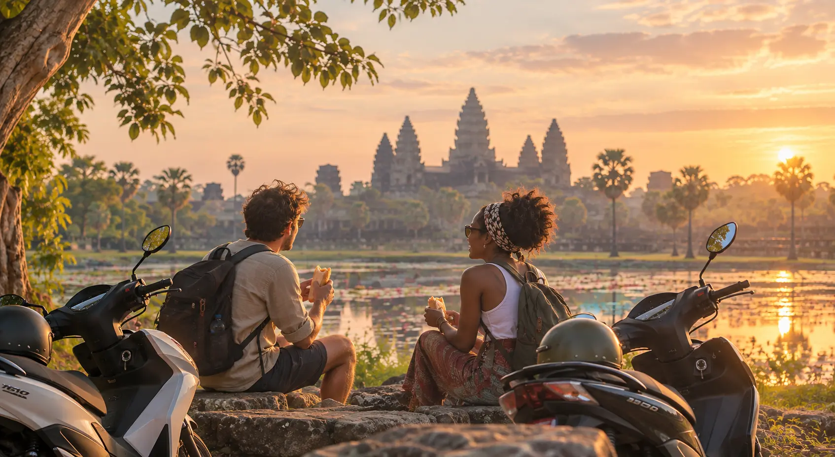 Two travellers taking a break beside their scooters overlooking Angkor Wat in Cambodia.
